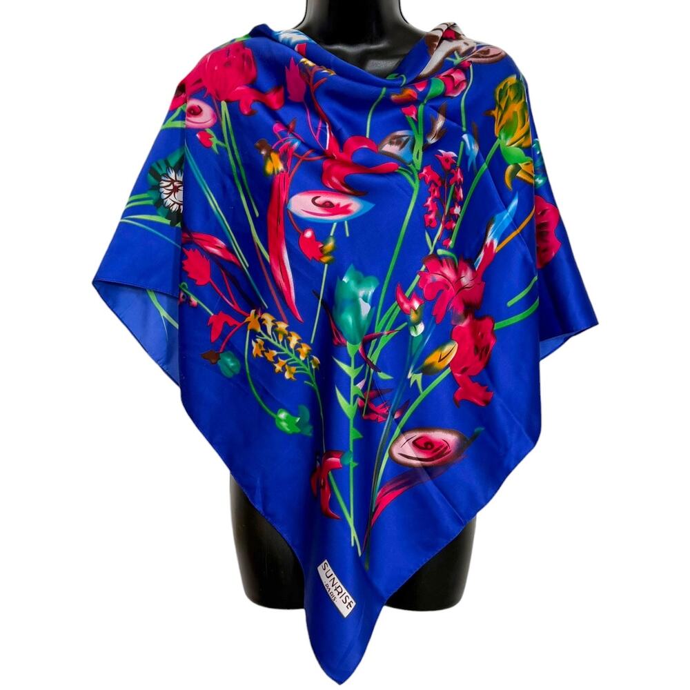 Vintage Sunrise Scarf Blue Floral Botanical Silky Square Large 80s 90s Aesthetic